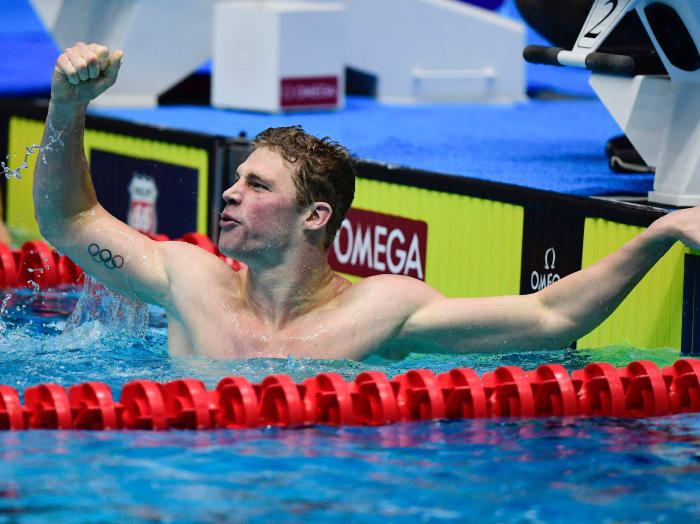 Kevin Cordes reacts to winning the men's 200m breaststroke during the 2017 USA Swimming Phillips 66 National Championships at Indiana University Natatorium.